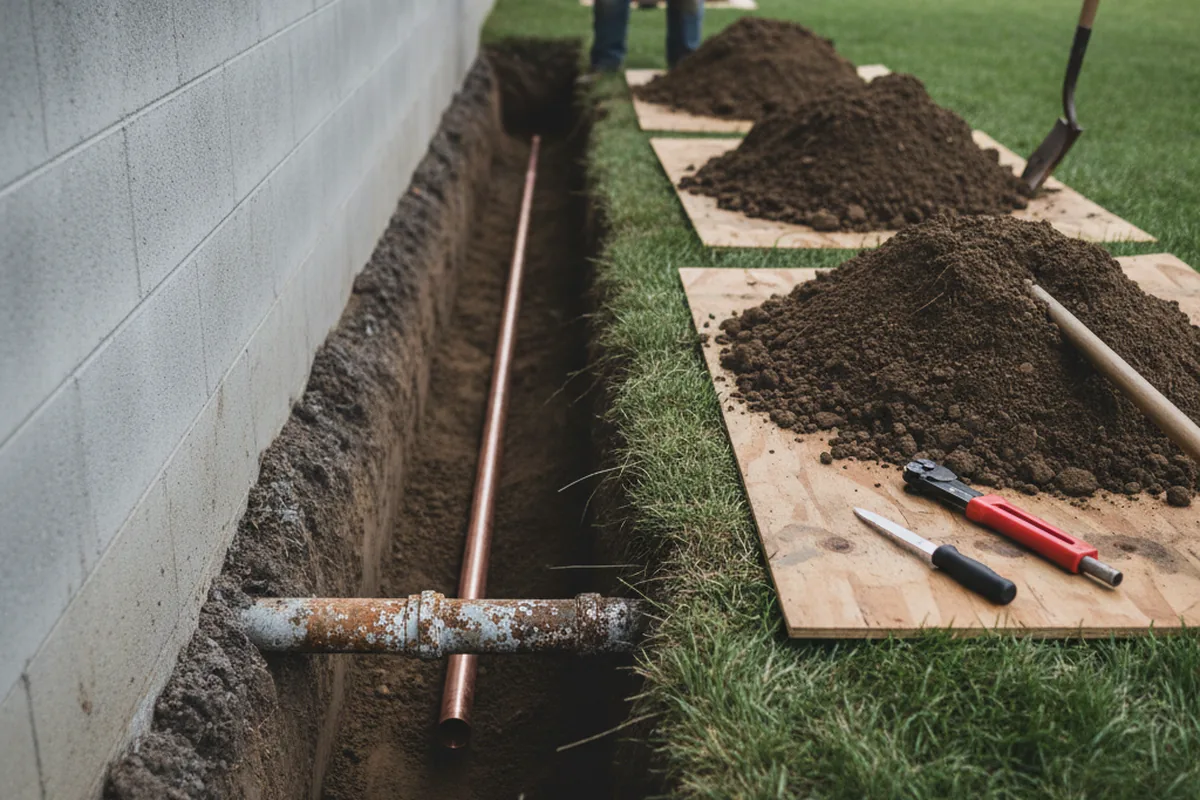 Excavated water line trench during Water Softener Installation in Startex